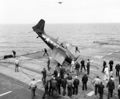 Barrier crash of a General Motors FM-2 Wildcat aboard USS Sable in May 1945 (80-G-354753).jpg